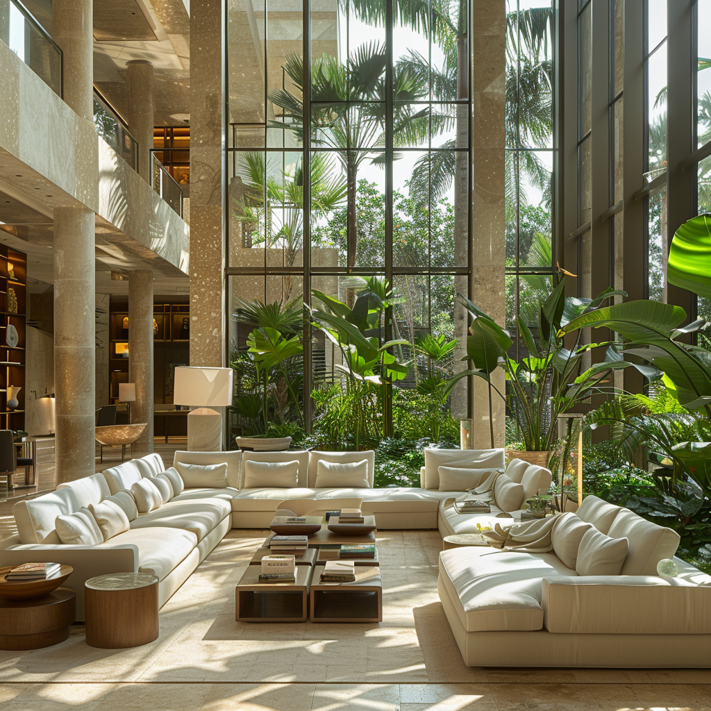 lounge seating area of a resort hotel with comfortable cushions and lots of plants, with a large window
